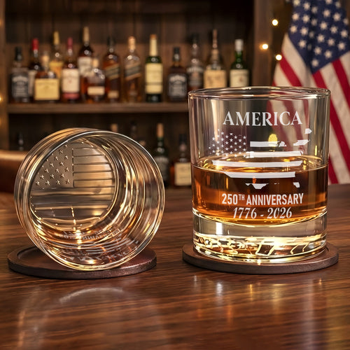 250th Anniversary 1776 2026 Whiskey Glass with Engraved American Flag